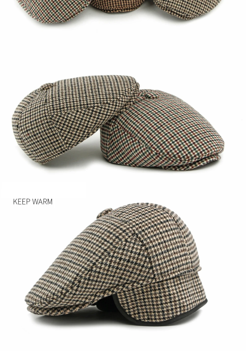 HT5164 Herren- und Damen-Baskenmütze, dicke warme Ohrenklappenmütze, Herbst-Winter-Karo-Ivy-Flatcap, Baskenmütze mit Ohrenklappen für Männer und Frauen. – Detail 2