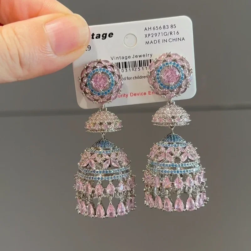 New Chinese heavy industry pink skirt support earrings  vintage light luxury high-end temperament stud earrings