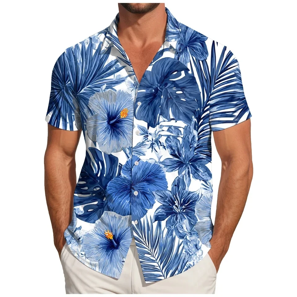 Summer Men's Hawaiian Shirt Vacation Holiday Beach Wear 3D Printed Short Sleeve Shirts Flower Plants Pattern Mens Clothing