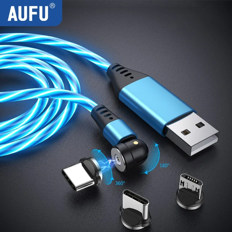 

AUFU Flowing LED Magnetic Charging cable 540 degrees Mobile Phone Cables Micro USB C Cable Magnet Charger For iPhone Samsung
