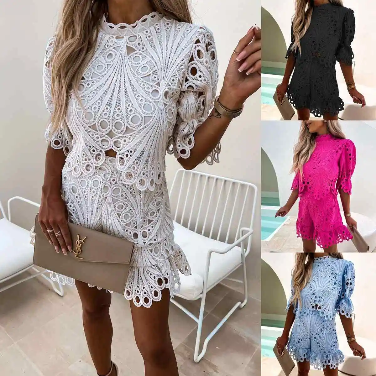 

Spring Summer New Fashion Lace Set Casual Loose Zip Seven-Piece Suit Collar Half-Zip Polyester Fabric Student Uniform