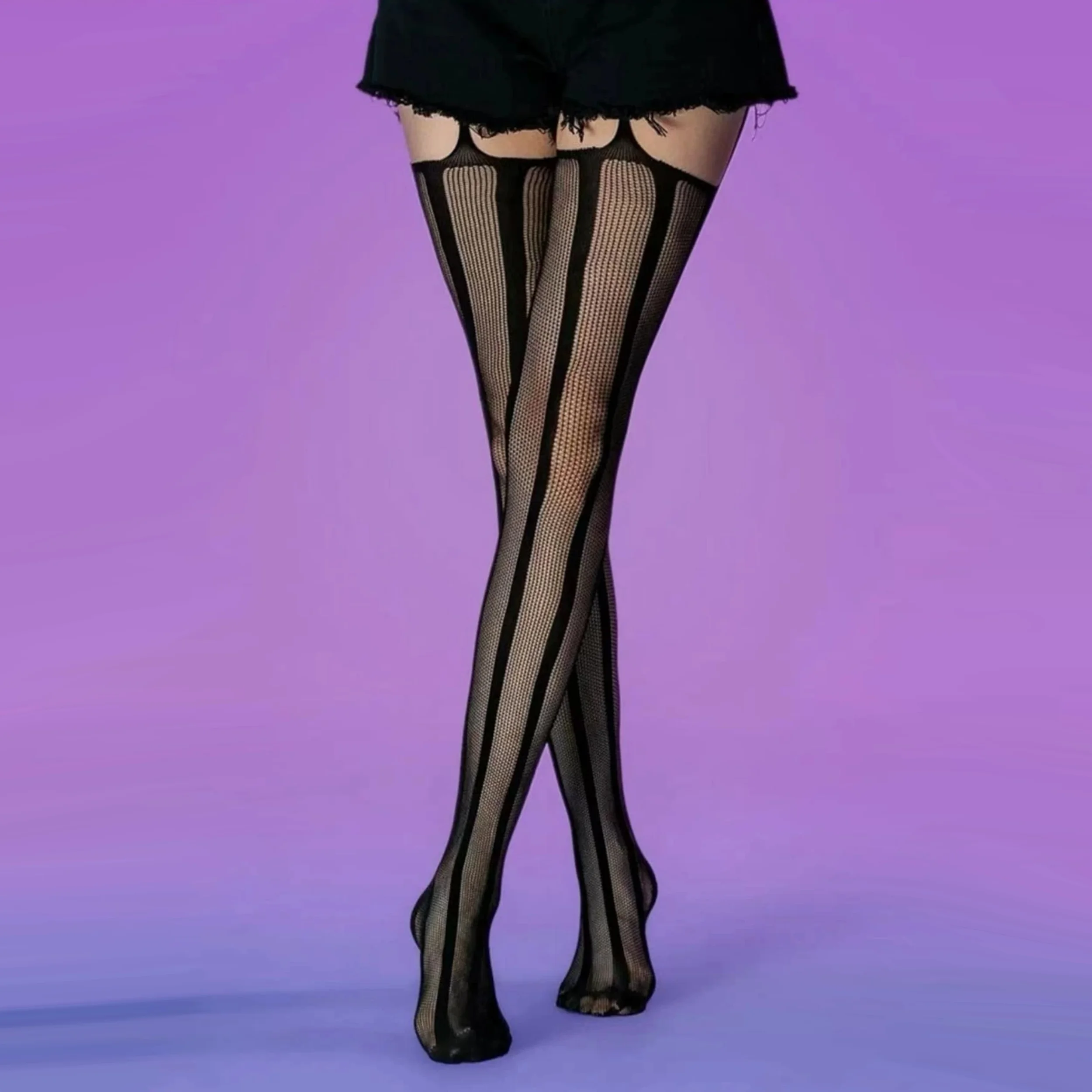 1 Pairs Lady Jk Hottie Striped Over Knee Long Thigh-High Suspenders All-In-One Black Pantyhose Hottie Slimming