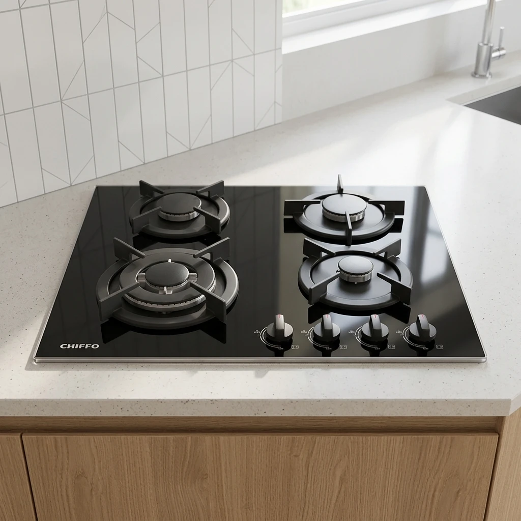Built-in Four-burner Gas Electric Stove Battery-Powered Option for Home Hotel Use Multi-knob Controls Flameout Protection Glass