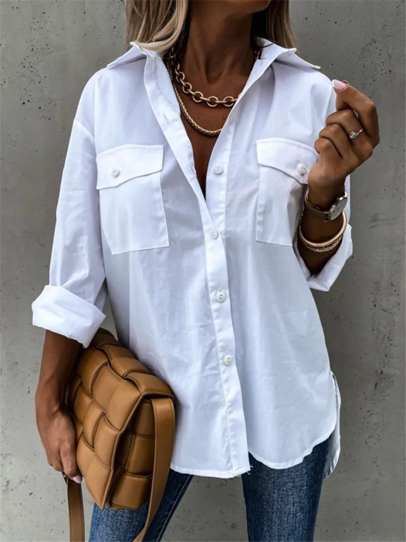 

Women White Long Sleeved Blouses Tops 2023 Elegant Single-Breasted Design Pocket Decor Blouse Commuting Lapel Long Sleeve Shirts