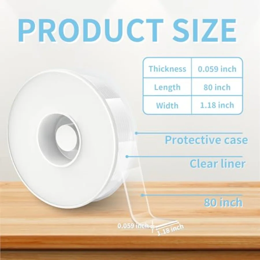 Heavy Duty Double Sided Tape, 1.18 x 80 in, Clear, 1 Pack Removable washable nano gel holds 6 lbs per 4 sq in; protective case