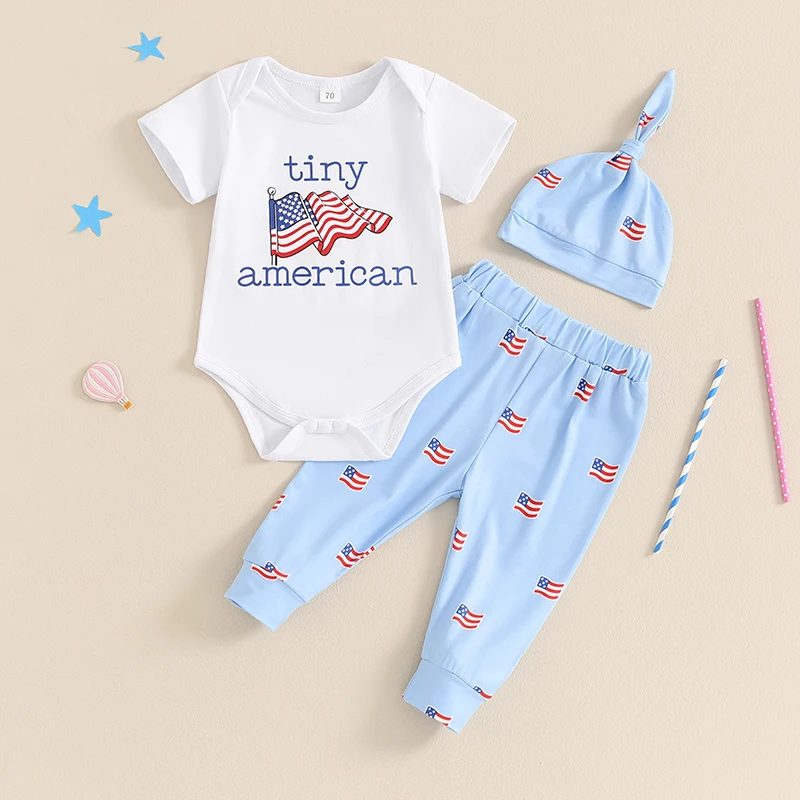 

My 1st 4th of July Newborn Baby Boy Outfits Short Sleeve Romper Stars Stripe Pants Hat Set Independence Day Clothes