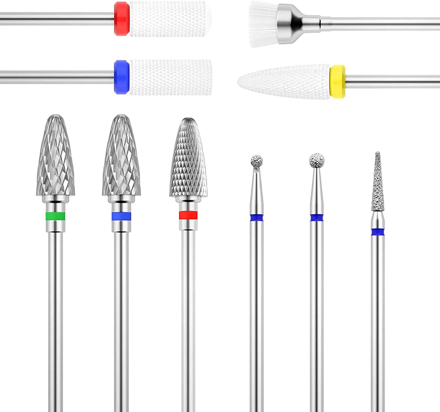 

10pcs Nail Drill Bits Set,3pcs Tungsten Carbide Drill Bits+3pcs Ceramic Nail Drill Bits+3pcs Diamond Bits+1pcs Brush, Nail Sande
