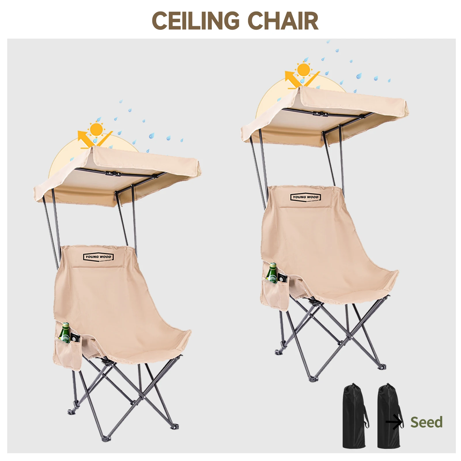 

2 шт. Легкие в сборке и разборке складные портативные кемпинговые/пляжные стулья YOUNG WOOD увеличенного размера с навесом от солнца