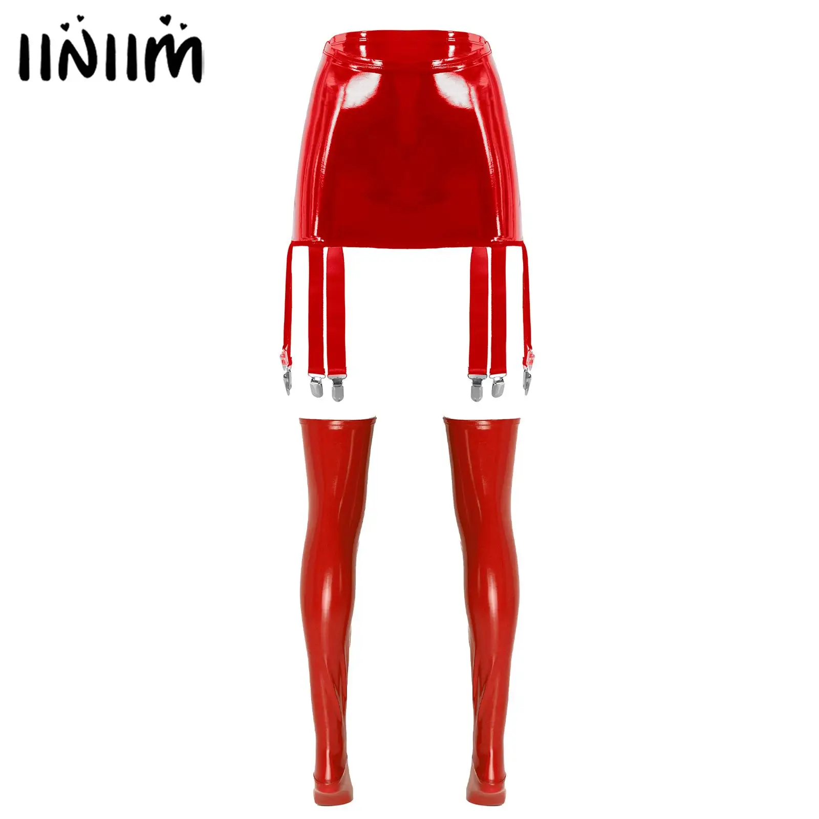 

Womens Patent Leather High Waist Skirts Six Clips Garter Belt with 1 Pair Footed Thigh High Stockings Wet Look Clubwear Costumes