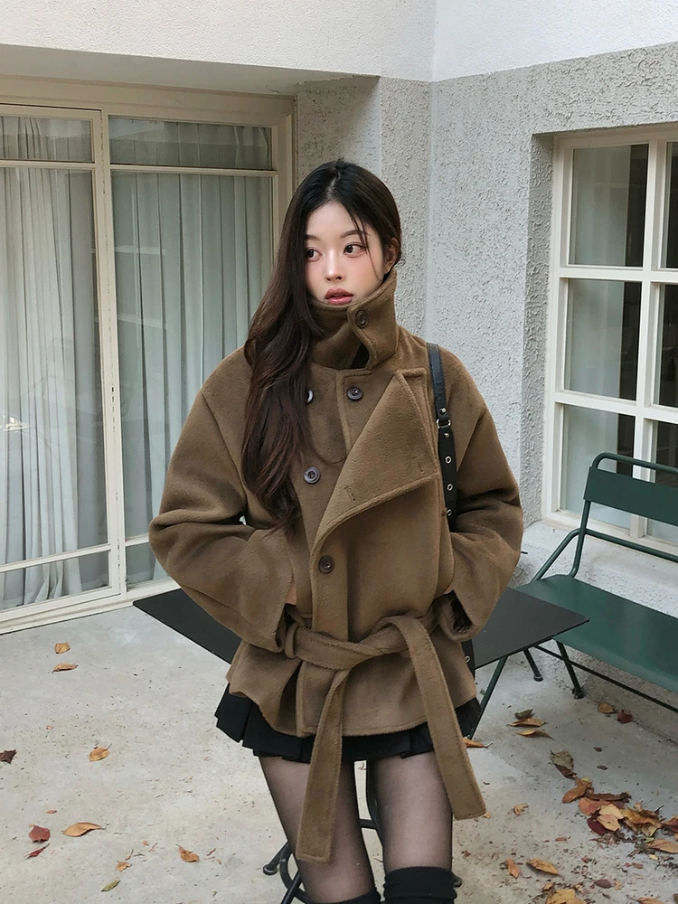 

Женское шерстяное пальто Ele ort, теплая верхняя одежда с воротником-стойкой и хлопковым наполнителем, женская зимняя куртка для поездок на работу