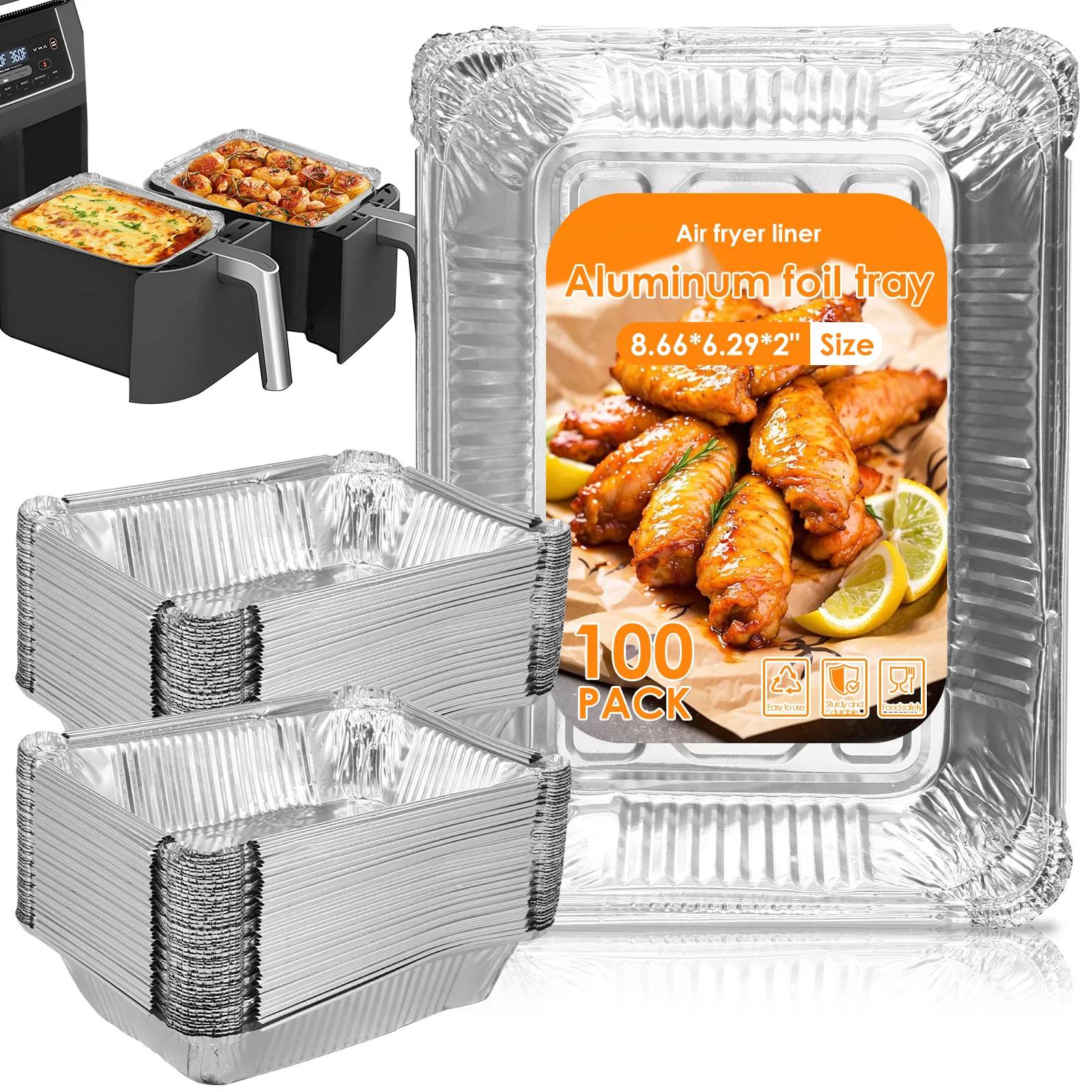 50/100 Stück 1100 ml Aluminiumfolie-Schalen Antihaft-Rechteckige Backformen Hitzebeständige Folienbehälter für Heißluftfritteuse und Takeaway
