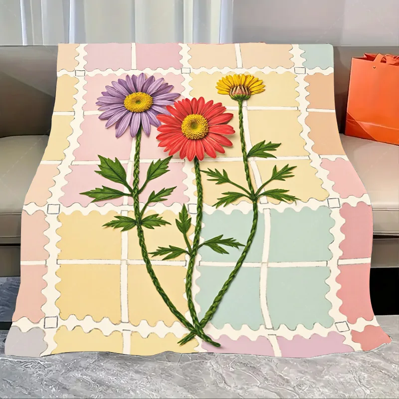 

1pc Flannel Blanket Vibrant Floral Quilted Blanket with Braided Stems for Cozy Living Room Decor