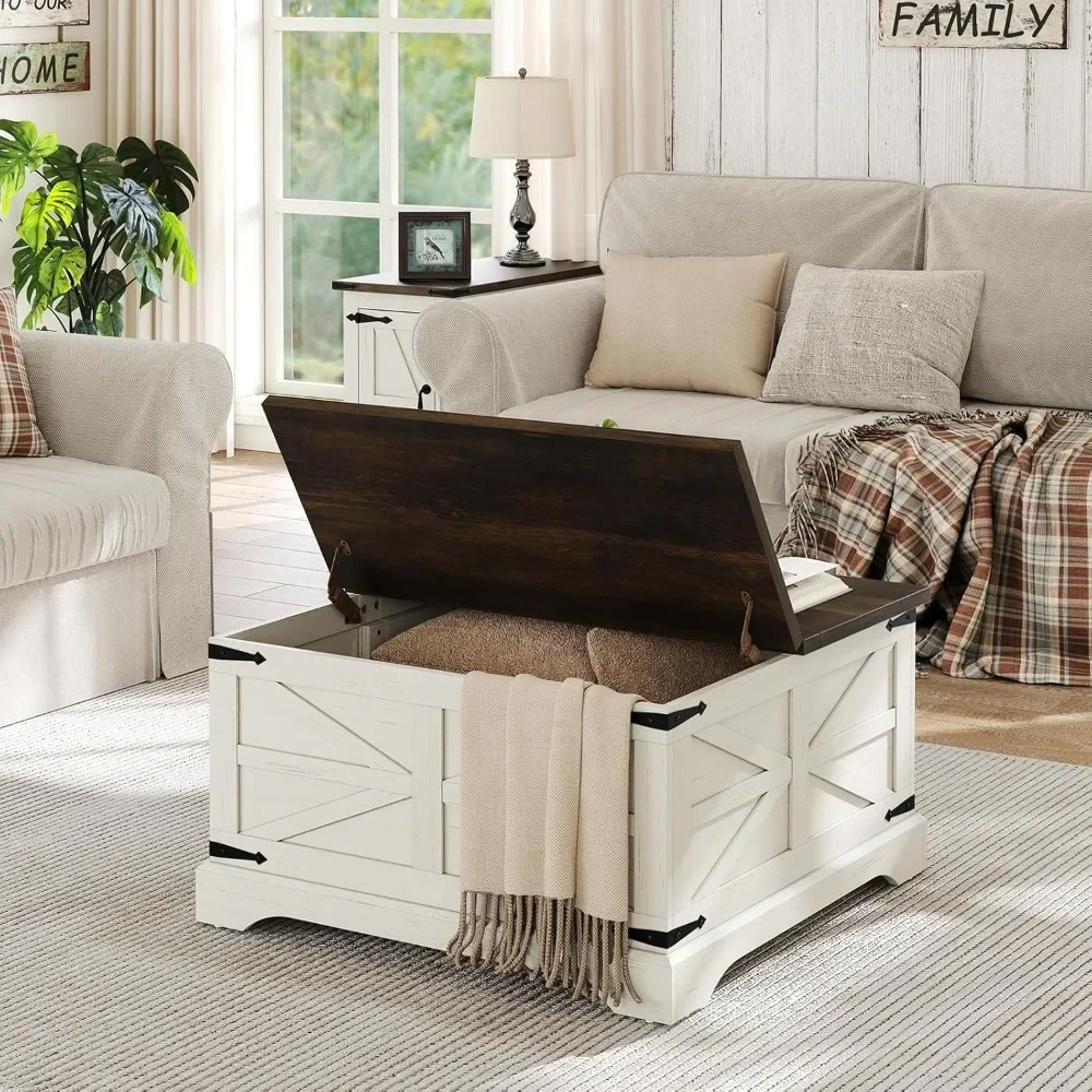 Square Wood Center Table with Large Hidden Storage Compartment , Rustic Cocktail White Modern Table with Hinged Lift Top