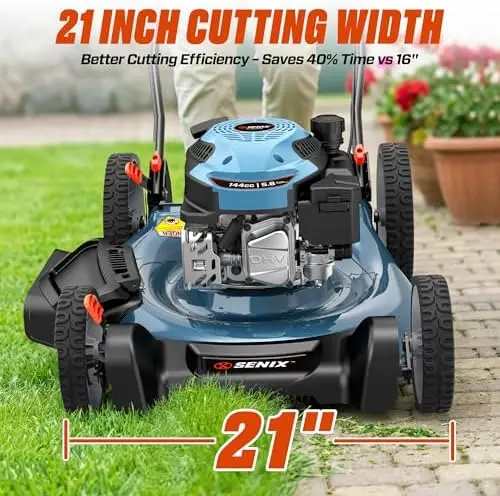 21-Inch Gas Lawn Mower, 144CC 4-Cycle Engine Push Mower with Mulching & Side Discharge, 6-Position Cutting Height