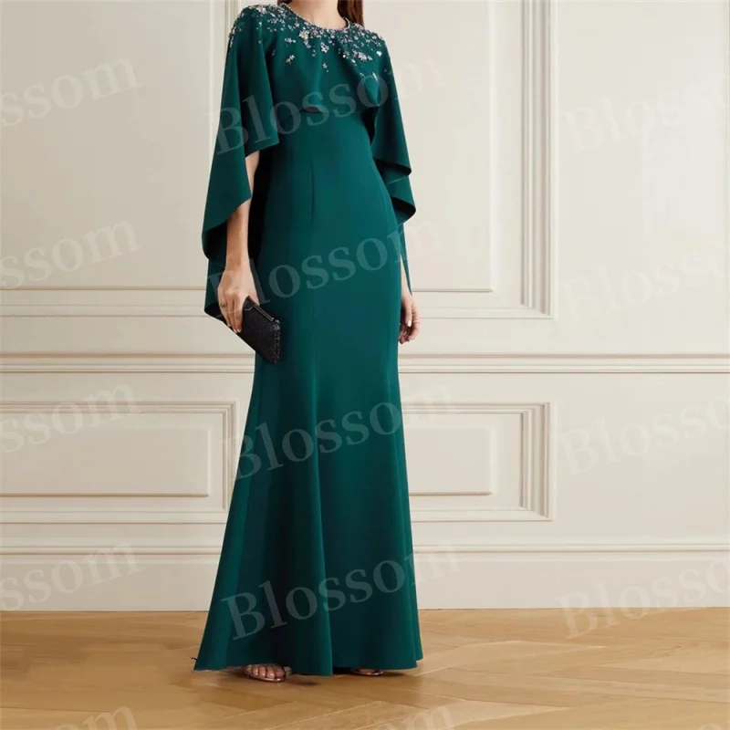 

Elegant floor-length shawl Sleeve Evening dress Round neck beaded Mermaid Wedding Banquet Formal occasion dress