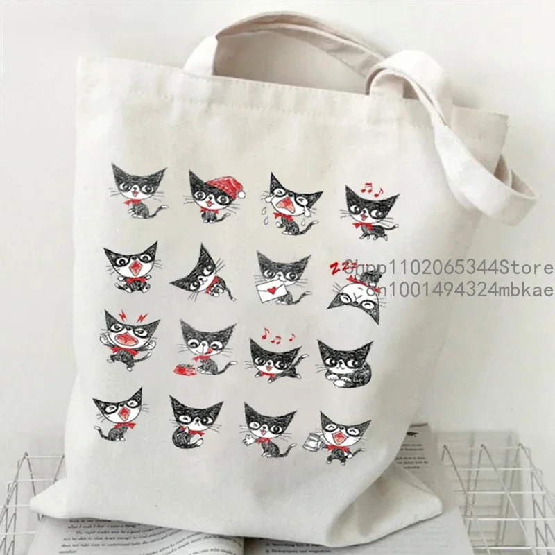 Women Canvas Handbags Funny Cats Print Female Reuseable Shopping Bag Student Cartoon Cute Kitten Tote Bags Woman Shoulder Bag