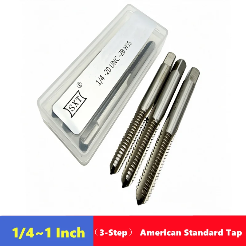 HSS 3pcs American Tap Set, Step 1/2/3, 3-Step Tap Combination 1/4, 3/8, 1/2, 3/4, 1Inch, Used for Internal Thread Tapping Tools
