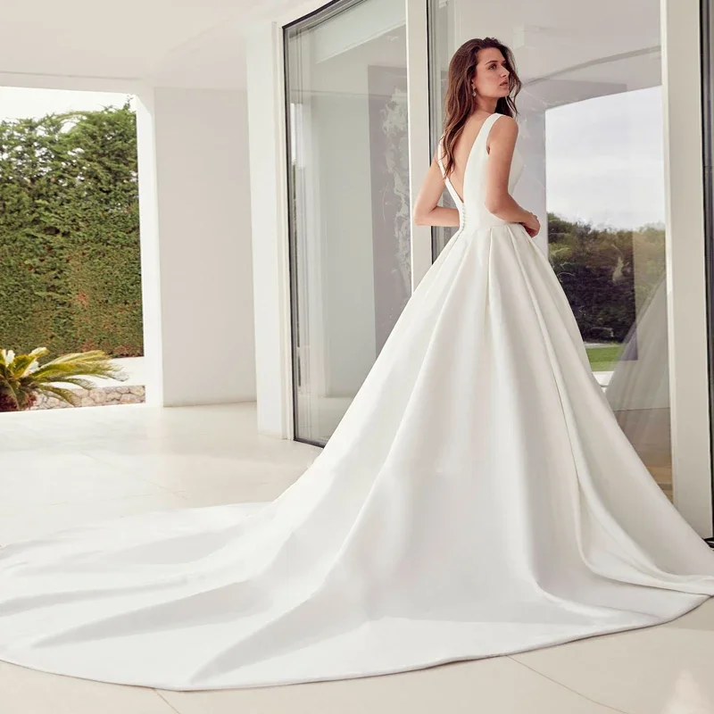 Vestidos De Novia Simple Satin Wedding Dress V-neck Sleeveless Backless Princesa A-line Bridal Gown with Pockets For Women