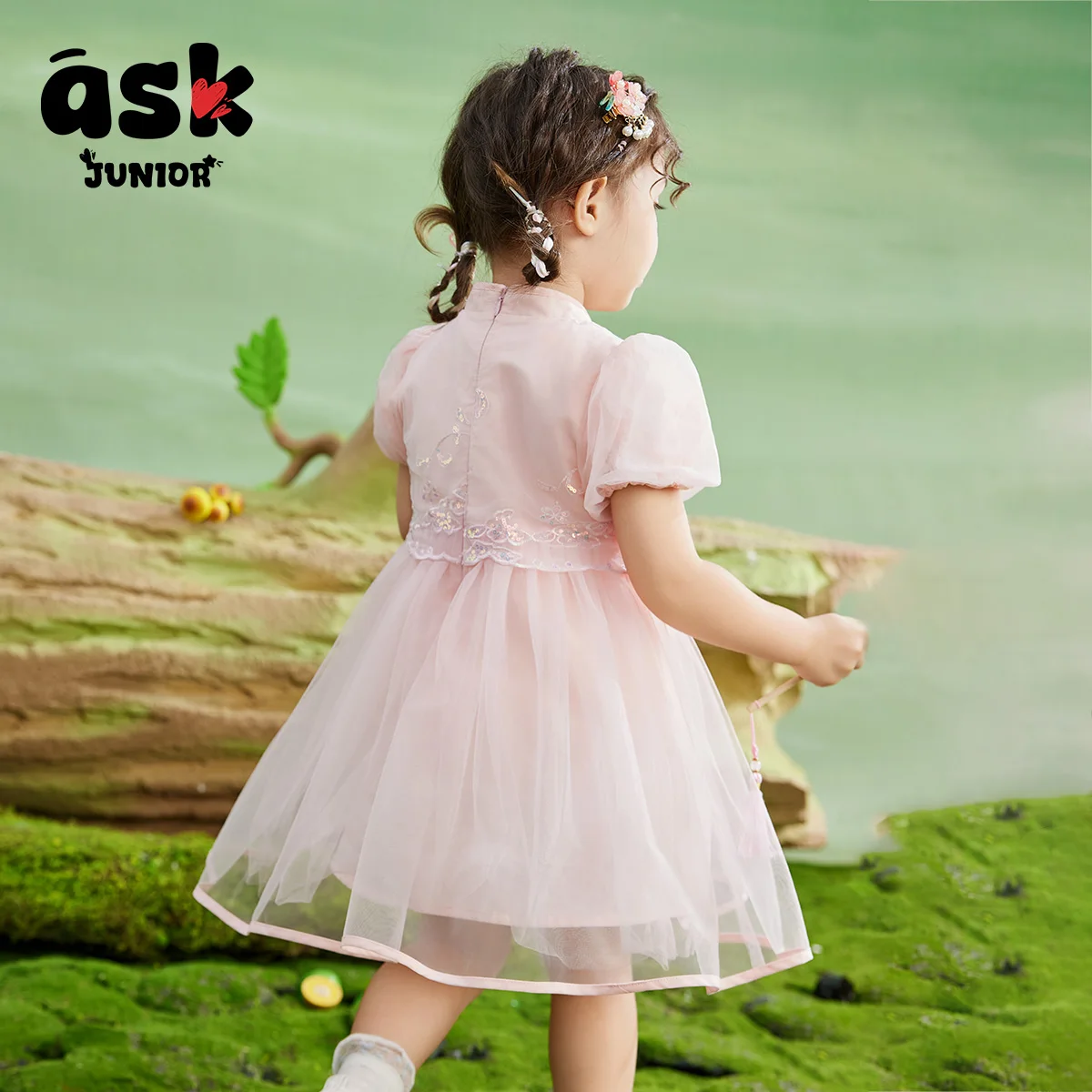 اسأل جونيور الفتيات الصغيرات الفتيات شبكة الصيف رقيقة لطيف الحلو برعم الأكمام النمط الوطني فستان الأميرة الصينية الجديدة #3