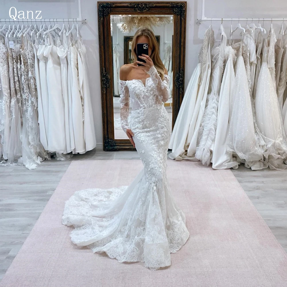 Qanz Pretty Mermaid Wedding Dresses Lace Appliques Boat Neck Vestidos De Boda Para Fiestas Elegant Sweep Train Robe De Mariée