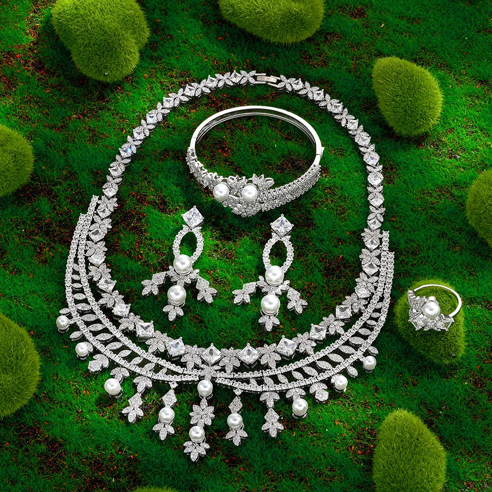 New Women 4Pcs Jewelry Set Copper Zircon Pearl Tassel Clavicle Choker Necklace Earrings Bracelet Ring Christmas Gifts Party