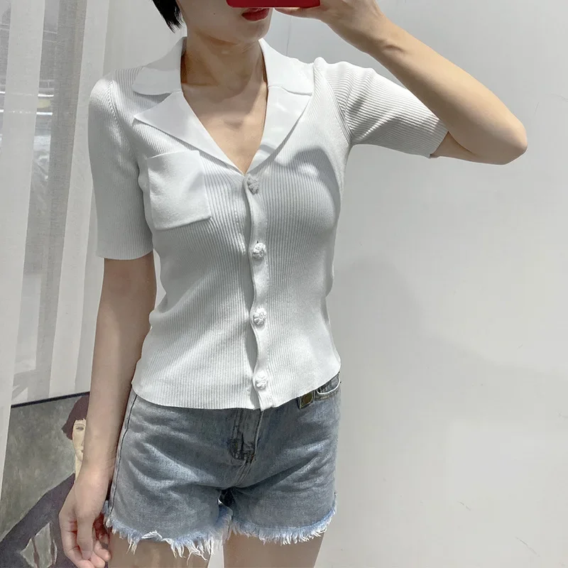 Spring Summer Women White Slim Fit Sweater V-nec Single Breasted Female Stretch k Short Sleeve Knit Cardigan