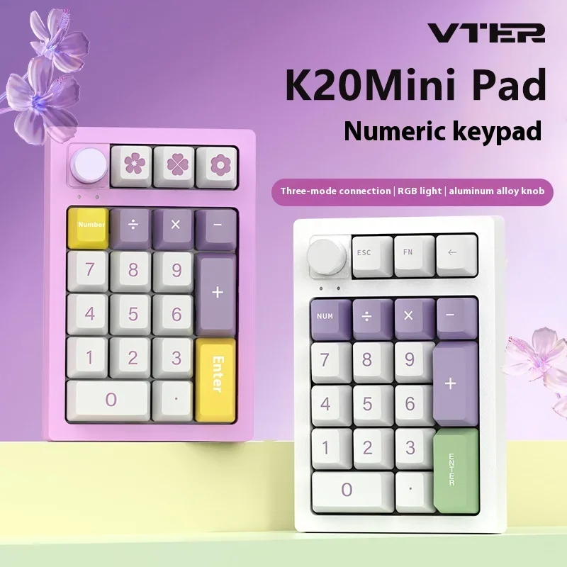 VTER K20 Keypad Number Keyboard Support QMK VIA Customized Hot Swappable Dynamic RGB BT 2.4G Wireless Control Knob Mini Pad