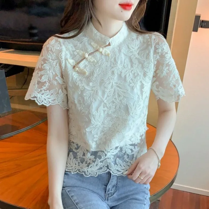 2024 vintage fashionable versatile qipao top exquisite floral jacquard temperament blouse stand collar diagonal buckle lace top