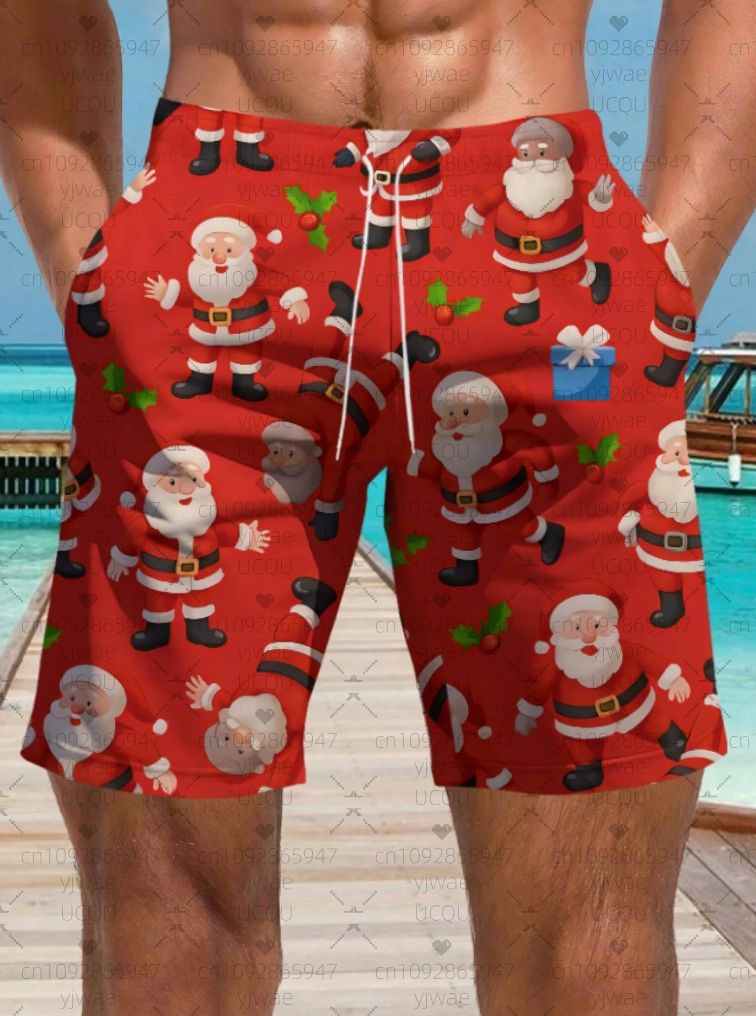 2025 мужские шорты для доски, рождественские плавки с Санта-Клаусом, эластичные быстросохнущие гавайские пляжные шорты на шнурке, мужская одежда