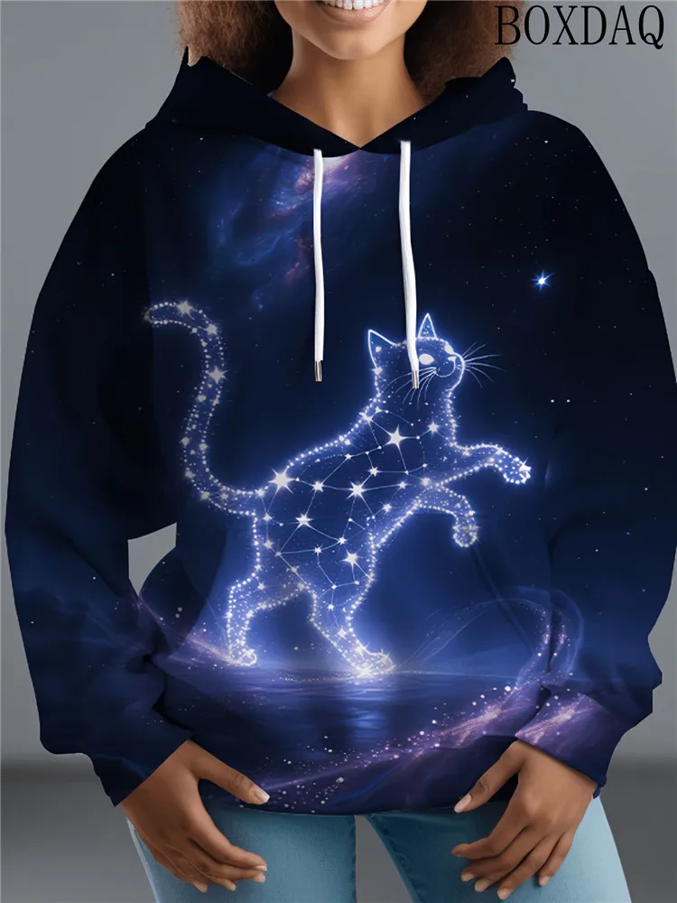 2026 Women's Autumn Cute Cat Gradient Print Comfortable Soft Hooded Long Sleeved Pocket Drawstring Sweatshirt Outdoor Casual Top