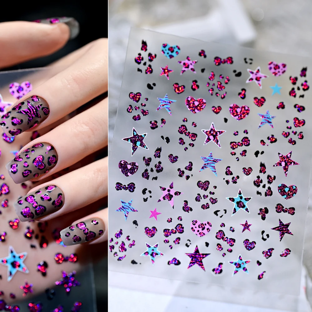 1/2pcs 5D Sexy Leopard Print Star/Heart/Bow Nail Stickers 5-Color Shiny Y2K Stars Self-adhesive Decals Leopard Nail Art Supplies
