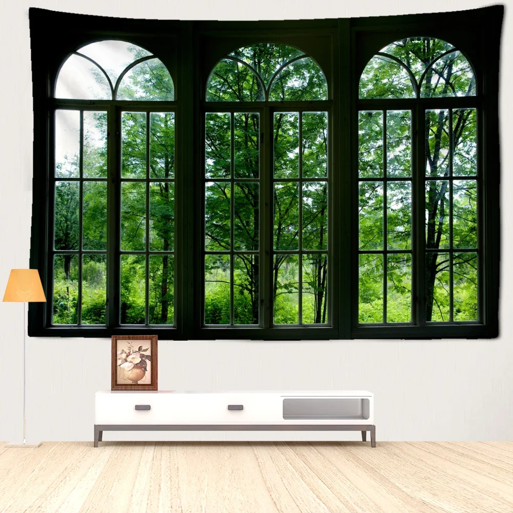 Arched Window Forest Tapestry Wall Hanging Imitation Window Art Style Modern Simplicity Living Room Bedroom Home Decor