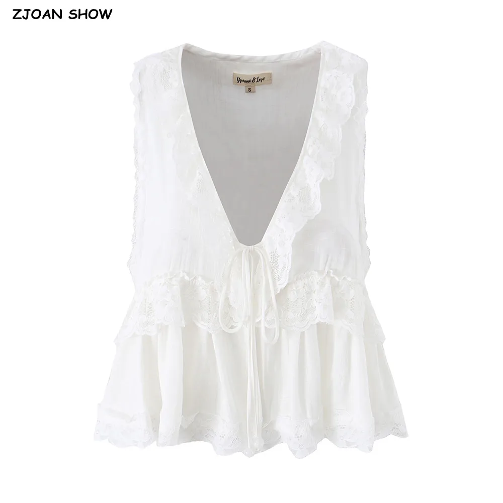 CHIC White Spliced Wood ears Lace V neck Ball Tassel Bow Lacing Up Front Tank Top Women Ruffles Hem Vest Sleeveless Tee Crop Top