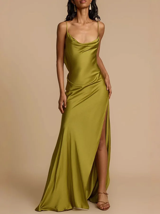 Décontracté fronde fente Satin Dr femmes sangle longue Dr Tfeta printemps automne hiver taille ample Svel couleur