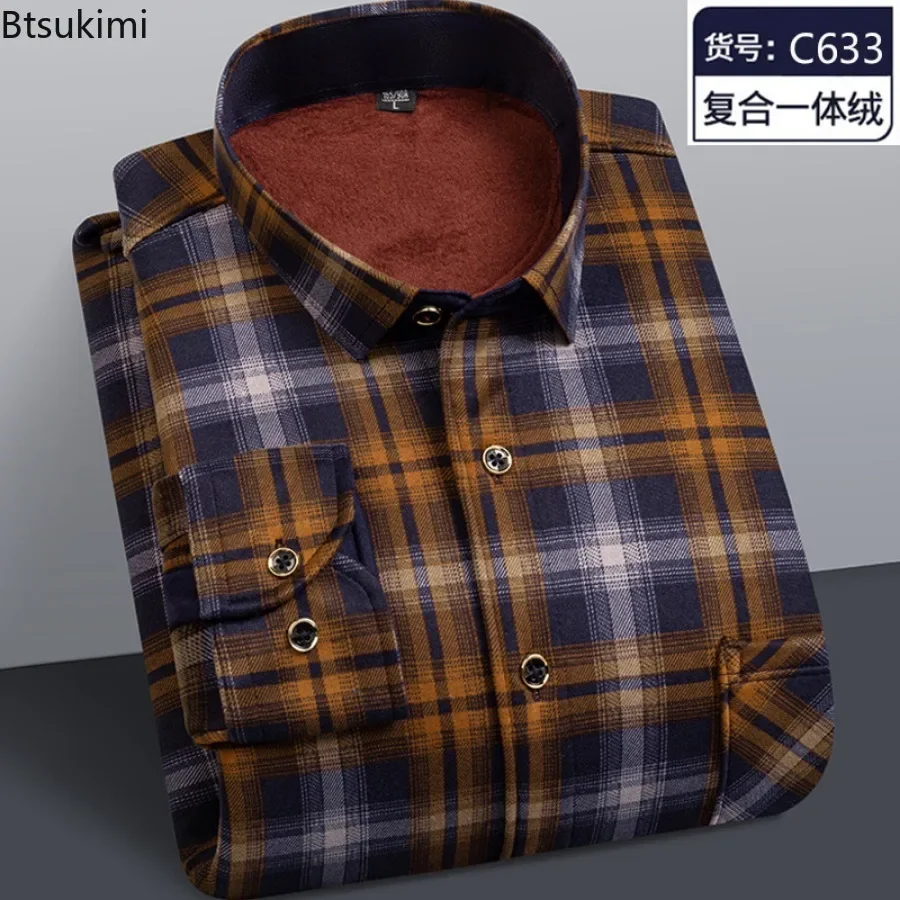 Flannel Men Shirt 2024 Autumn Winter Male Long Sleeve Plaid Shirt Thick Fleece Lined Soft Casual Flannel Warm Dress Shirt Male