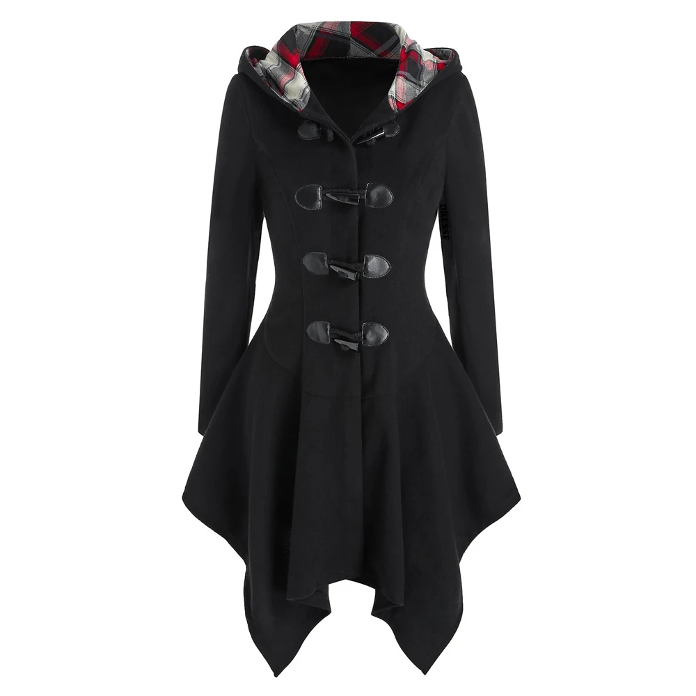 Fashion Irregular Gothic Hooded Horn Toggle Hanky Hem Wool Blend Coat For Women Winter New 2023