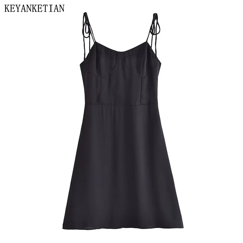 

KEYANKETIAN Summer New Women's Black Chiffon Halter Dress Lnner Style Stretch Patchwork High Waist Sling Sleeveless Mini Dress