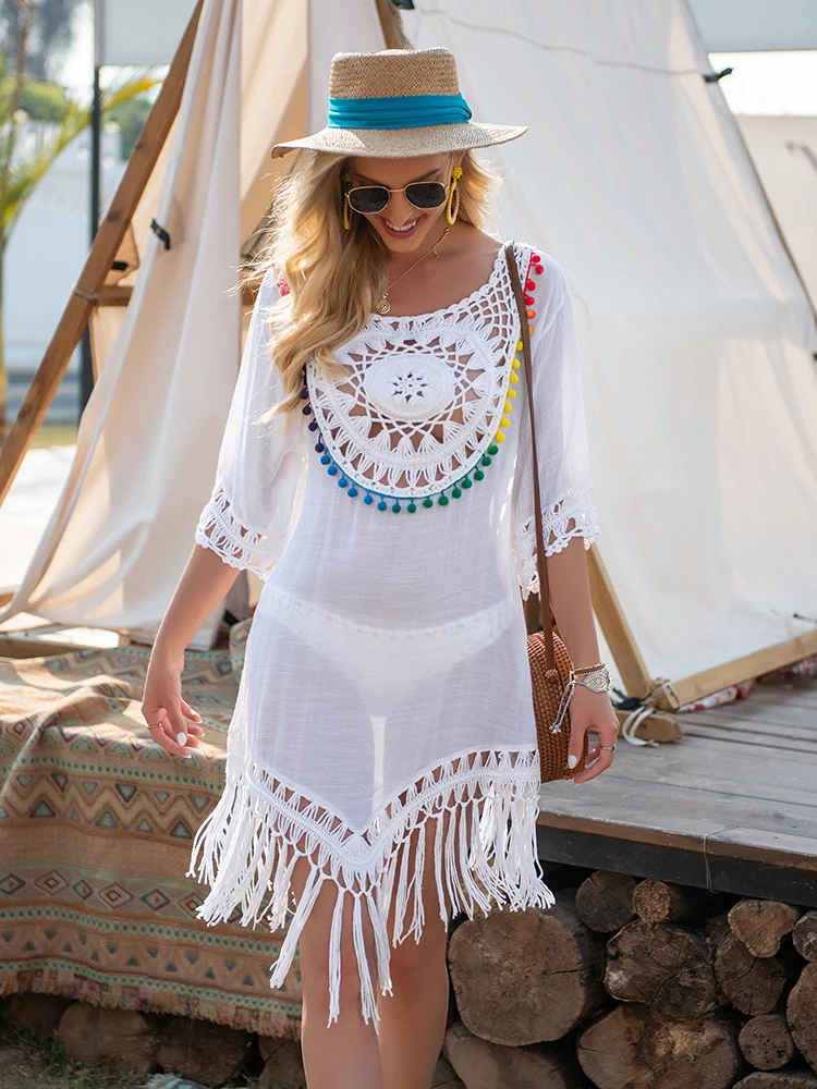 โครเชต์ชุดบิกินี่ COVER UP Fringe Trim ผู้หญิงเซ็กซี่ Hollow Fringe Tunic ชุดชายหาดชุดว่ายน้ําฤดูร้อน Beachwear หญิงหญิง
