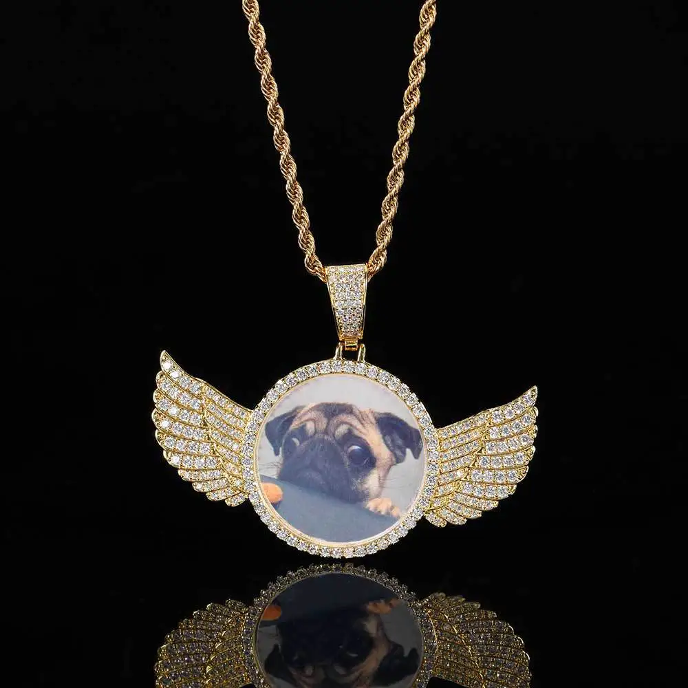 Exquisite Ice Crystal Zirconia Memory Angel Wings Mirror Commemorative Photo Frame Necklace Pendant Couple Hip Hop Jewelry Gift