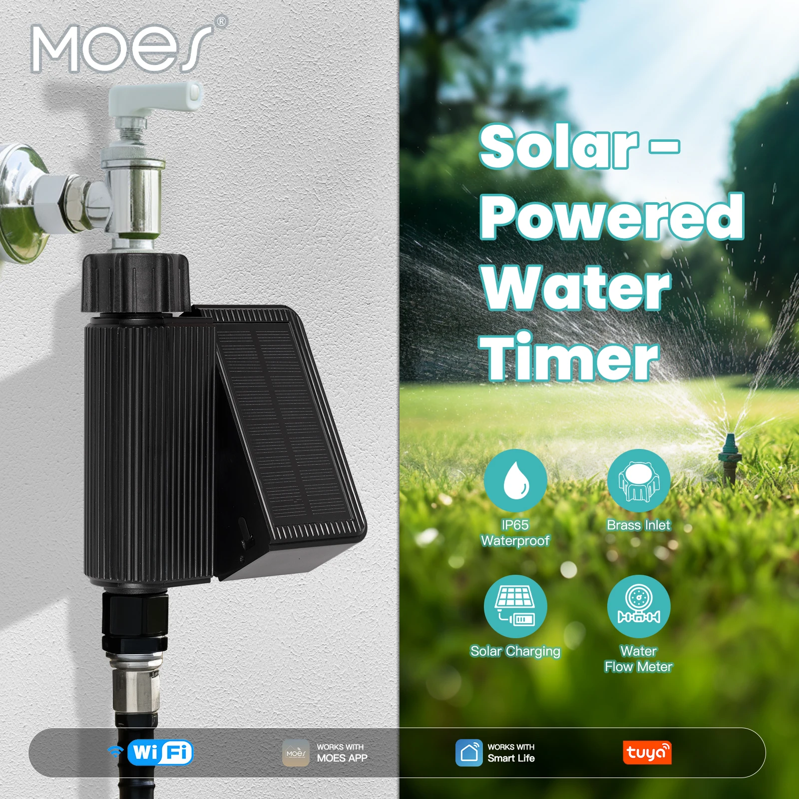 MOES Tuya US WiFi Solar Powered Water Timer Meter IP65 Waterproof Brass Inlet With Soil Temperature Humidity Sensor Detector