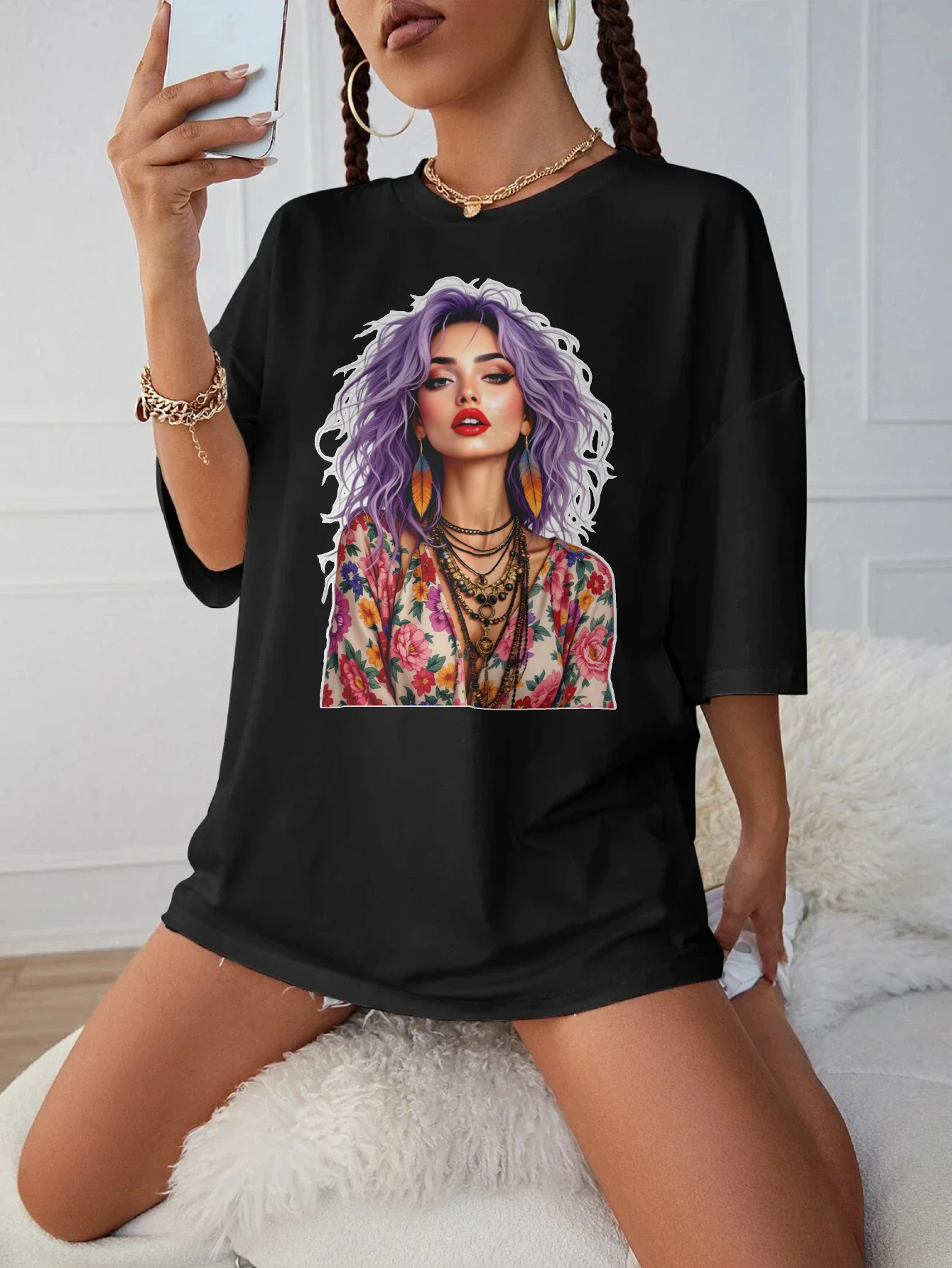 

Черная женская футболка для беременных Vibrant-Bohemian-Fashion-Queen с круглым вырезом, свободная посадка, удобная летняя одежда для позднего беременного