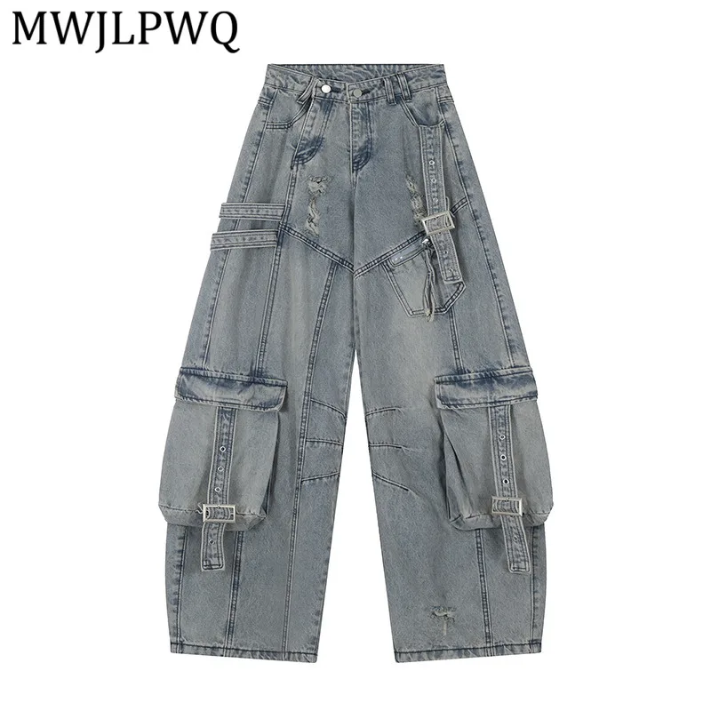 

MWJLPWQ Handsome Hip-Hop Vintage Washed Workwear Jeans For Men Women Design Sense Heavy Industry Split Spliced Trousers 15674