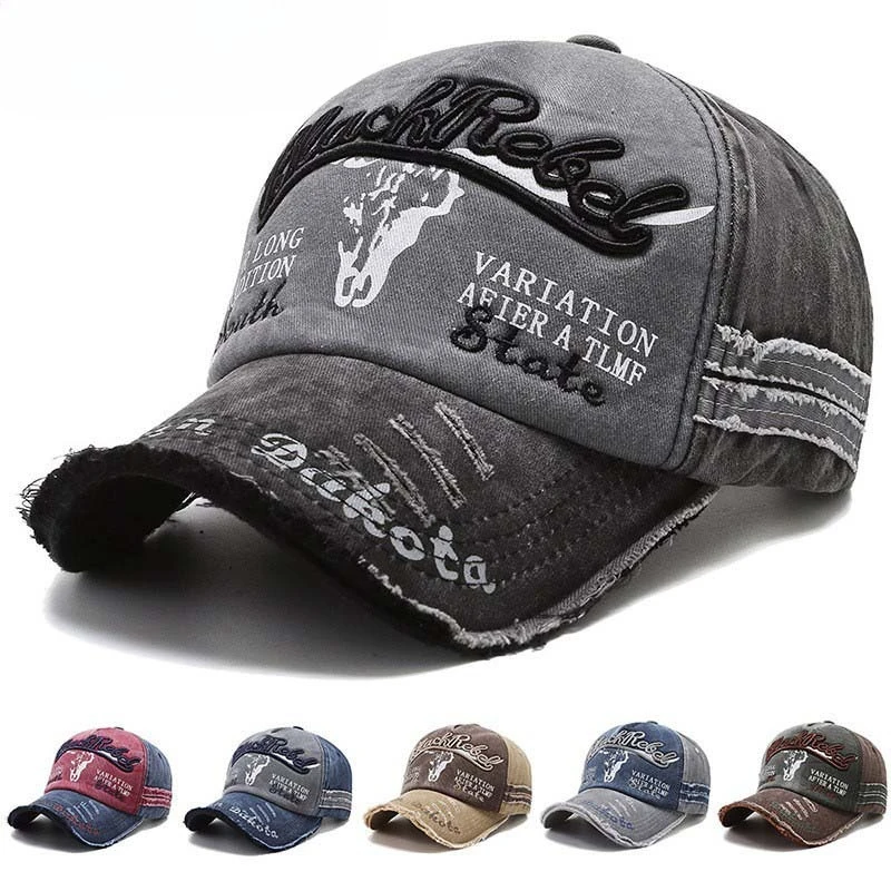 Men's Retro Bull Embroidery Denim Trucker Hat Oversized Washed Distressed UV Protection Sun Hat