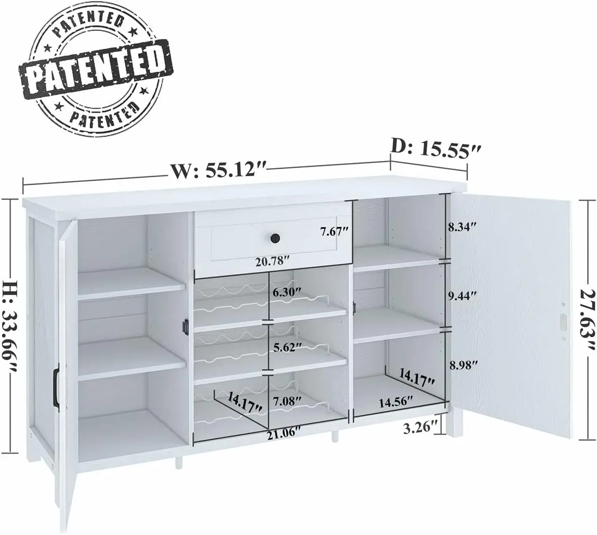 Aparador Buffet de Madeira Rústica Industrial com Wine Rack e Armazenamento, Farmhouse White Cabinet, Cozinha e Sala de Jantar Copos