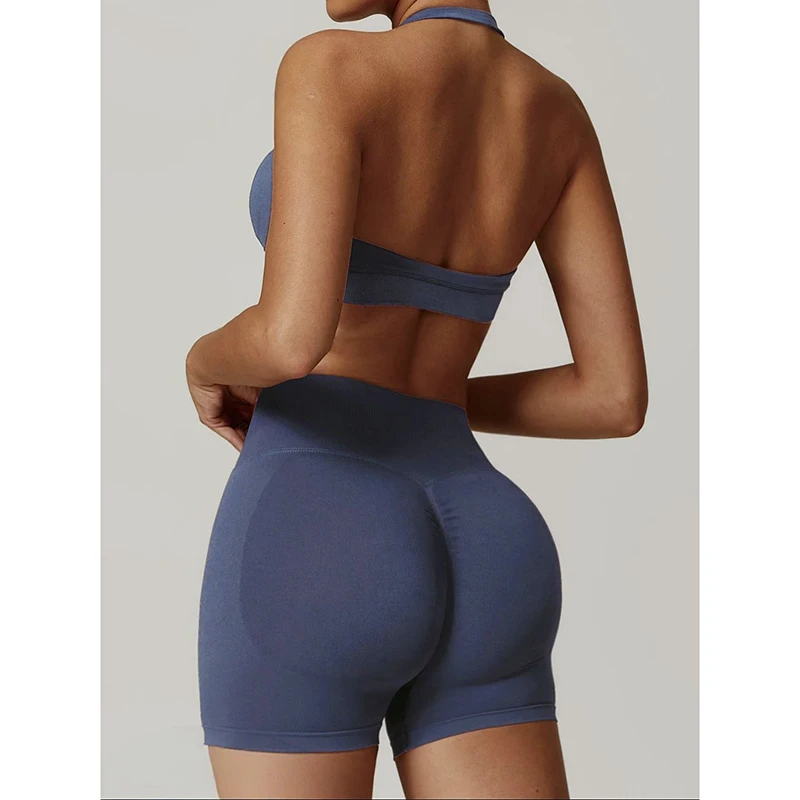 Sexy Halter Neck Beautiful Back High Waist Peach Sports Bras Shorts Suit Pilates Gathering Yoga Vest Training Fitness Bra Sets