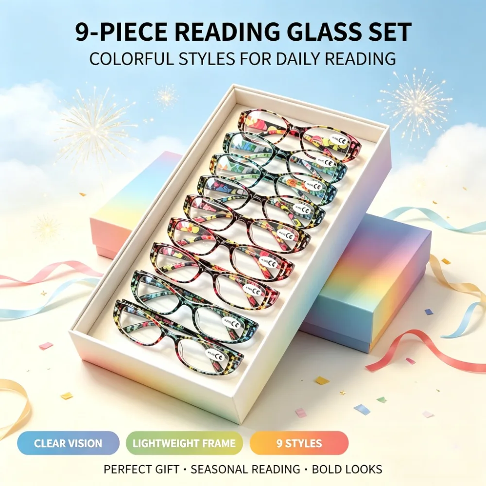 9 Pcs Reading Glasses Gift Set, Random Assorted Printed Frame Eyeglasses in Gift Box, Christmas Halloween Holiday Present, Stylish Daily Reading Eyewear for Men Women