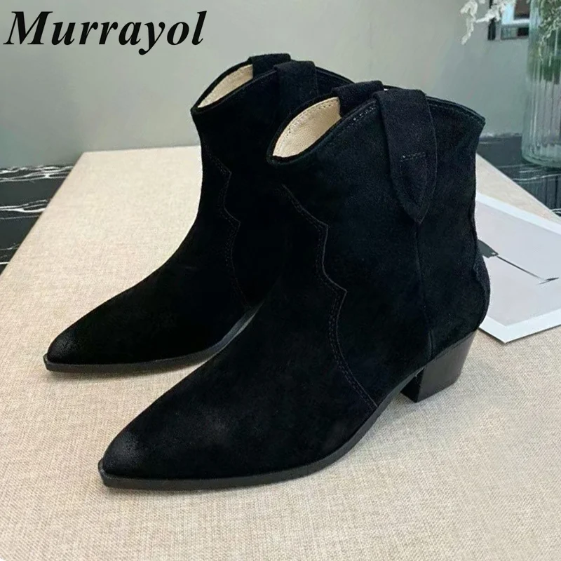 

New Cow Suede Retro Style Short Boots Women Pointed Toe Thick Heel Mid Calf Boots Spring Autumn Versatile Chelsea Boots