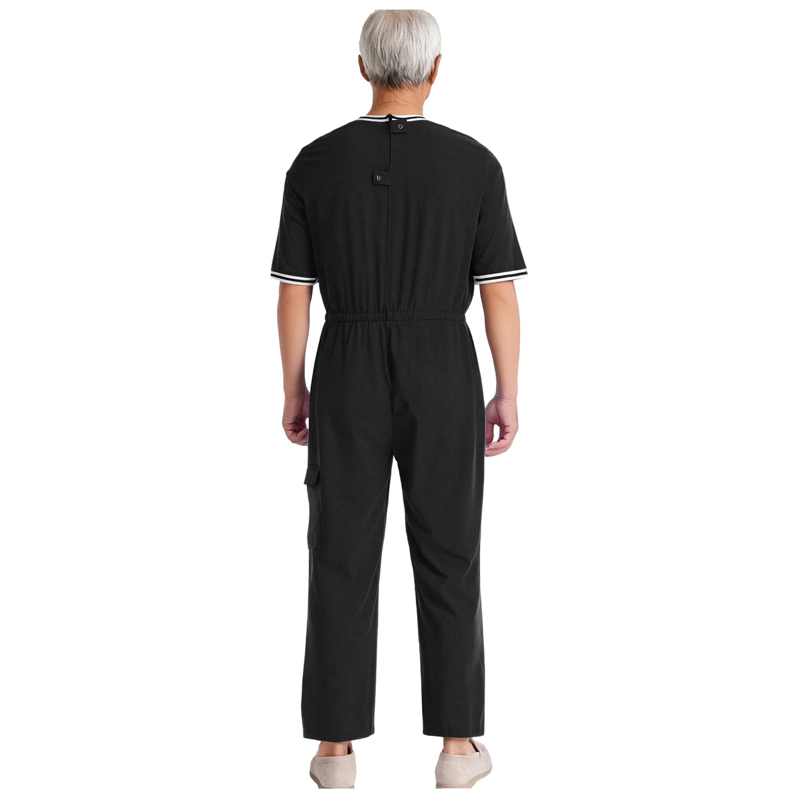 Men Alzheimer Adaptive Clothing Round Neck Half Sleeve Anti-Strip Back Zipper Rompers Special Needs Jumpsuit with Flap Pocket