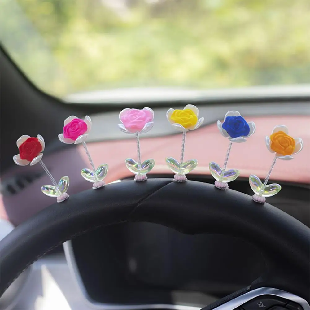 Aromatherapy Car Decoration Spring Rod Car Decoration Cute Rose Flower Car Ornament Set Spring Shaking Head for Dashboard