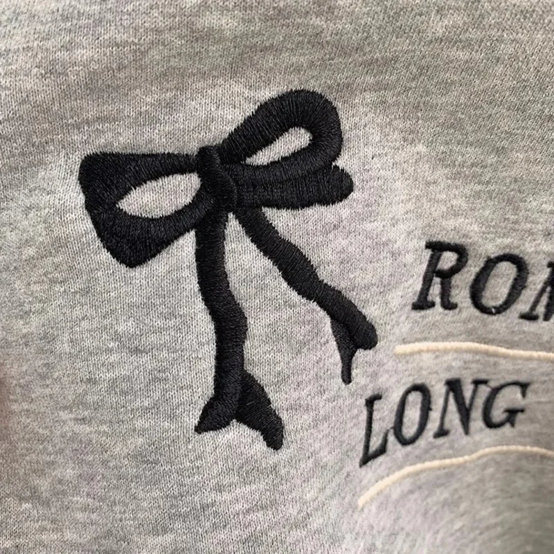 Korean Casual Bow Knot Shirts Letter Embroidery Long Sleeve Pullovers Tops O-neck Plush Sweatshirts Solid Loose Shirts For Women